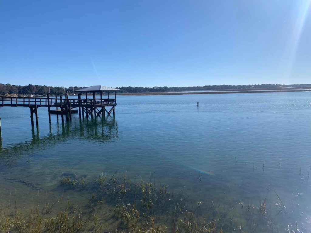 view of water with a dock off to left hand side of vista